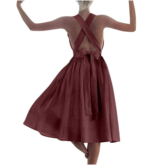 Arnsht Women's Cotton Linen Dresses Tie Back Square Neck Ruffle Strap Sleeveless A Line Flare Flowy Summer Short Dress Red XL