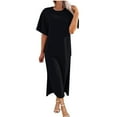 thumbnail image 1 of Arnsht Women's Cotton Linen Maxi Dress T-Shirt Cap Sleeve Crewneck Casual Loose Slit Side Long Beach Vacation Dresses Black M, 1 of 5
