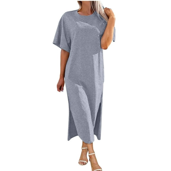 Arnsht Women's Cotton Linen Maxi Dress T-Shirt Cap Sleeve Crewneck Casual Loose Slit Side Long Beach Vacation Dresses Gray S