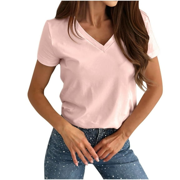 Arnsht Women's Cotton V Neck T-Shirt Short Sleeve Solid Color Tee Casual Slim Fit Tee Breathable Summer Fashion Tops Pink M