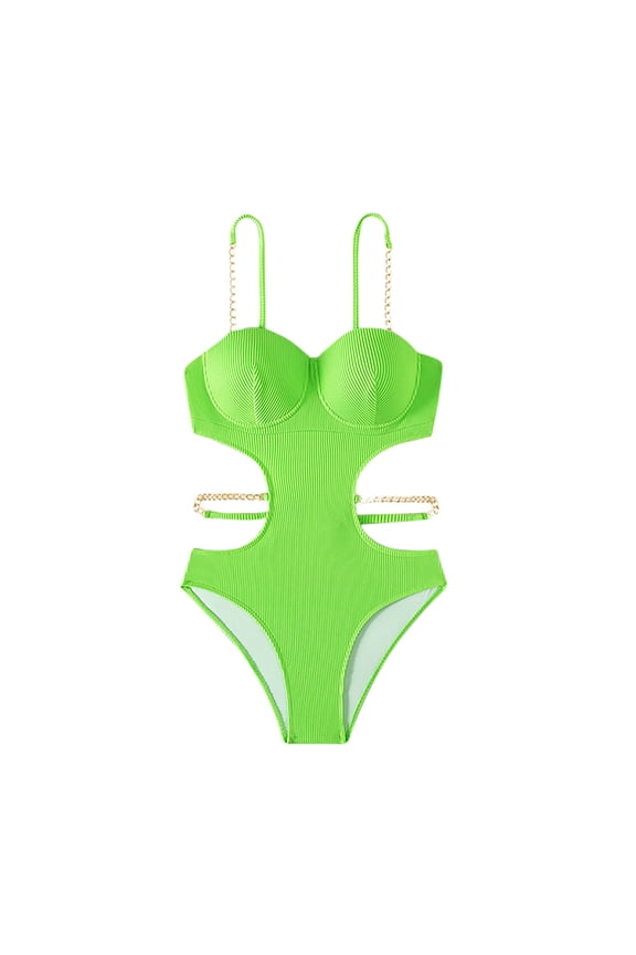 Women's Cutout Metal Chain Strap Bikini Set Ribbed one Piece Swimsuit Soft Comfortable Breathable Vacation Bathing Suit Green M