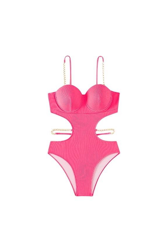 Women's Cutout Metal Chain Strap Bikini Set Ribbed one Piece Swimsuit Soft Comfortable Breathable Vacation Bathing Suit Hot Pink L