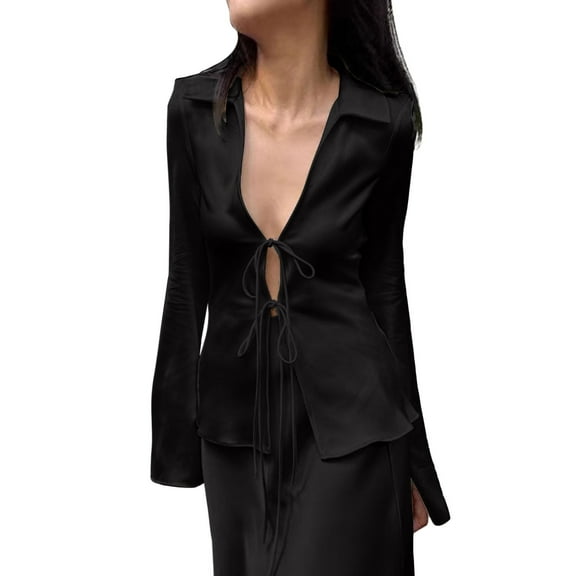 Arnsht Women's Deep V Neck Long Sleeve Open Front Tie Up Collared Shirt Trendy Fashion Solid Color Blouse Tops Black L