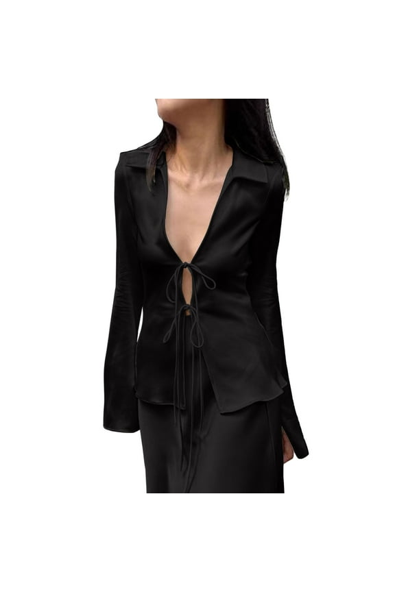 Women's Deep V Neck Long Sleeve Open Front Tie Up Collared Shirt Trendy Fashion Solid Color Blouse Tops Black L