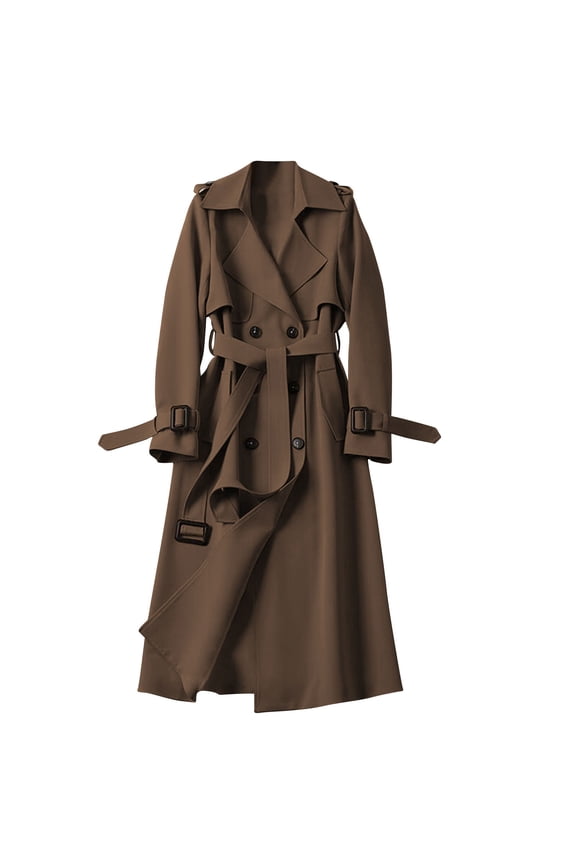 Women's Double Breasted Long Trench Coat Belted Notch Lapel Overcoat Windproof Classic Solid Jackets Outerwear Brown L