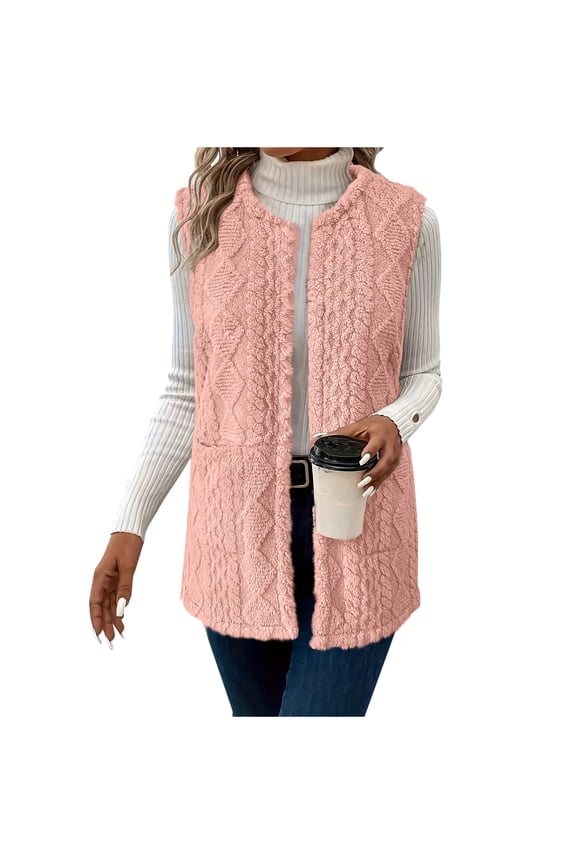 Women's Double-sided Velvet Cardigan Vest with Pockets Solid Color Round Neck Sleeveless Vest Jacket Tops Pink S