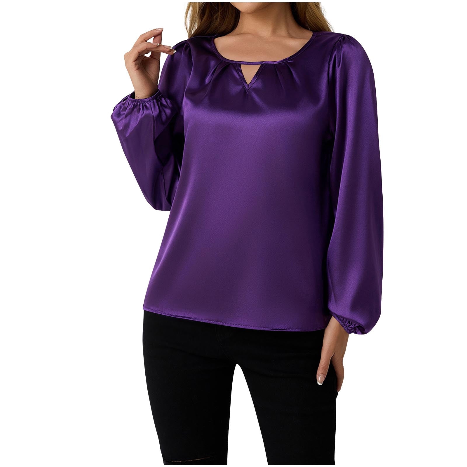 LYSSE Womens Purple Stretch Pocketed Back Pleat Cuffed Sleeve Collared Wear To Work Button Up Top