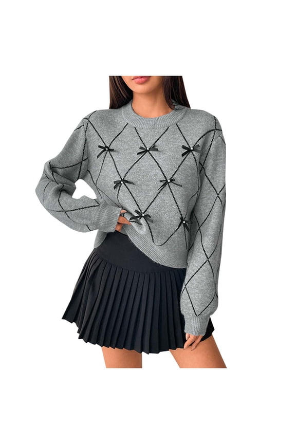 Women's Drop Shoulder Knitted Sweater with Bow Crew Neck Long Sleeve Pullover Sweaters 2025 Trendy Fall Tops Gray M