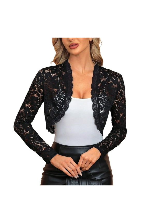 Women's Elegant Crop Cardigan Sheer Floral Lace Top Long Sleeve Open Front See Through Jackets Black XL