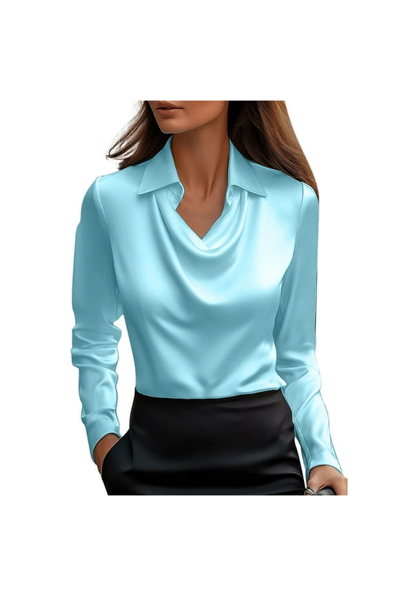 Women's Elegant Satin Silk Blouse Cowl Neck Ruched Front Draped Long Sleeve Work Office Shirt Top Blue M