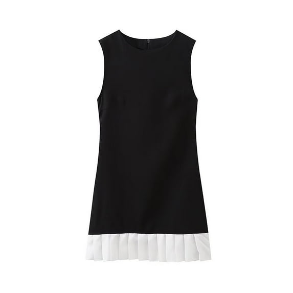 Arnsht Women's Elegant Splicing Pleated Mini Dress Fashion Round Neck Sleeveless Patchwork Party Office Tank Dresses Black L