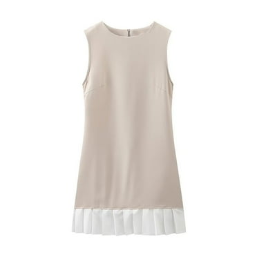 Arnsht Women's Elegant Splicing Pleated Mini Dress Fashion Round Neck Sleeveless Patchwork Party Office Tank Dresses Khaki S