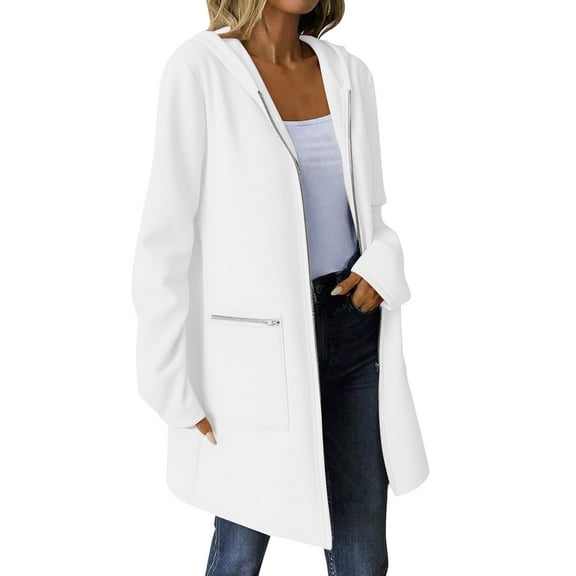 Arnsht Women's Fall Coats Fashion Long Sleeved Hooded Jacket Slim Long Trench Coat With Belt Warm Winter Overcoat White M