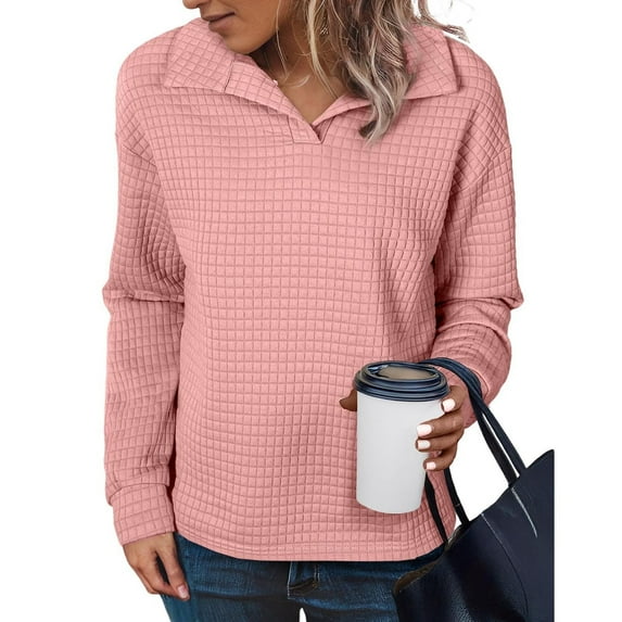 Arnsht Women's Fall Sweatshit Lightweight Oversized Sweatshirts Long Sleeve Plain Turn Down Collar Pullover Shirts Pink M
