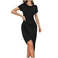 thumbnail image 1 of Arnsht Women's Fashion Casual Solid Color Fold Irregular Summer Short Sleeve Round-Neck Dress Party Work Midi Dresses Black L, 1 of 6