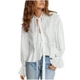 thumbnail image 1 of Arnsht Women's Fashion Casual Tie Front Tops Sheer Mesh Bell Long Sleeve Solid Color Blouse Y2k Cotton Shirt White L, 1 of 5