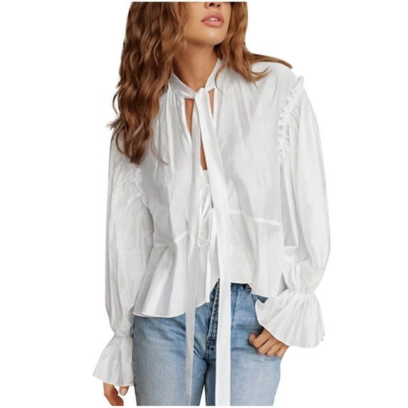 Arnsht Women's Fashion Casual Tie Front Tops Sheer Mesh Bell Long Sleeve Solid Color Blouse Y2k Cotton Shirt White L