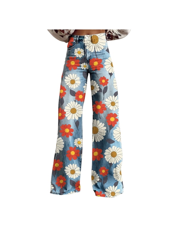 Women's Fashion High Waist Stretch Denim Pants Casual Streetwear Vintage Flowers Printed Baggy Jeans Red M