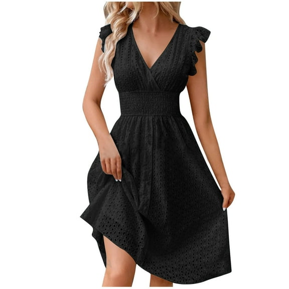 Arnsht Women's Fashion Lace Jacquard Hollow Out Sleeveless V-Neck Dresses Summer Casual Comfort Breathable Dresses Black M