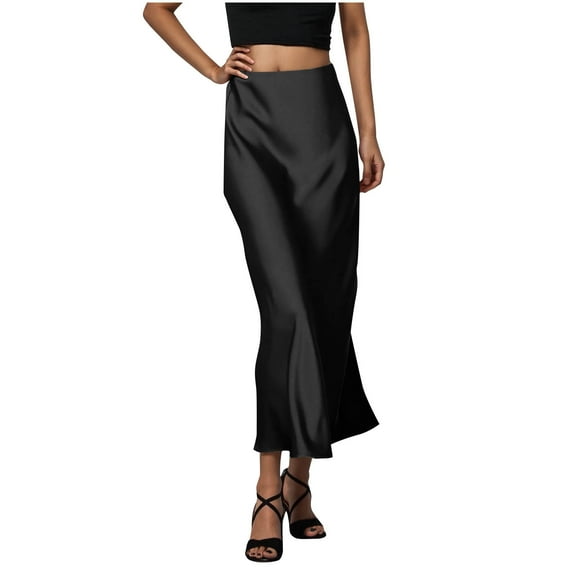 Arnsht Women's Fashion Satin Maxi Skirt High Waisted Elastic Waistband Silk A-Line Casual Party 2025 Trendy Long Skirts Black L