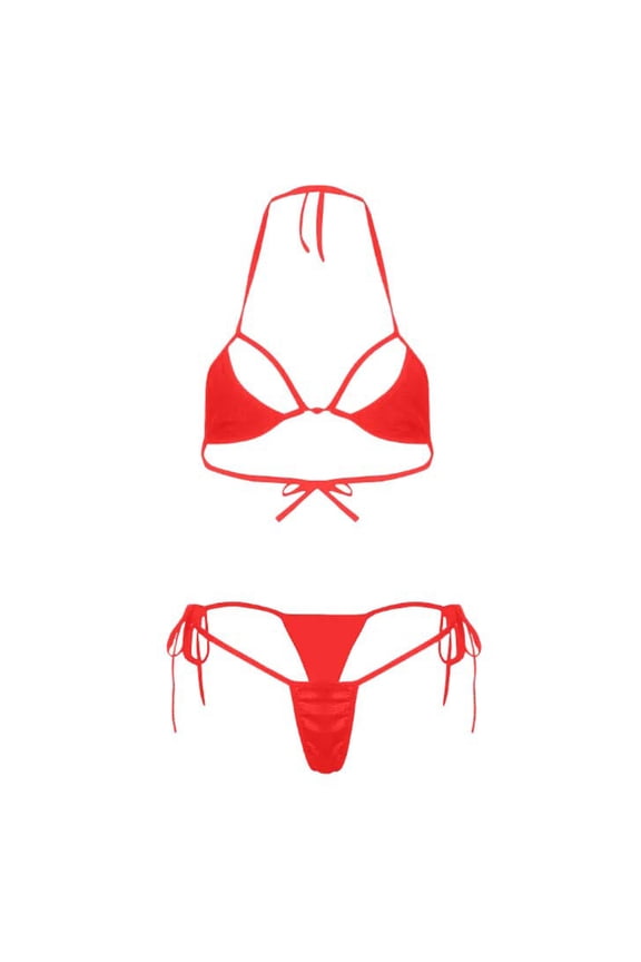 Women's Fashion See-Through Mesh Sheer Solid Color Micro Bikini Set Mini Swimsuit Summer Beach Vacation Sunbath Swimming Red Free Size