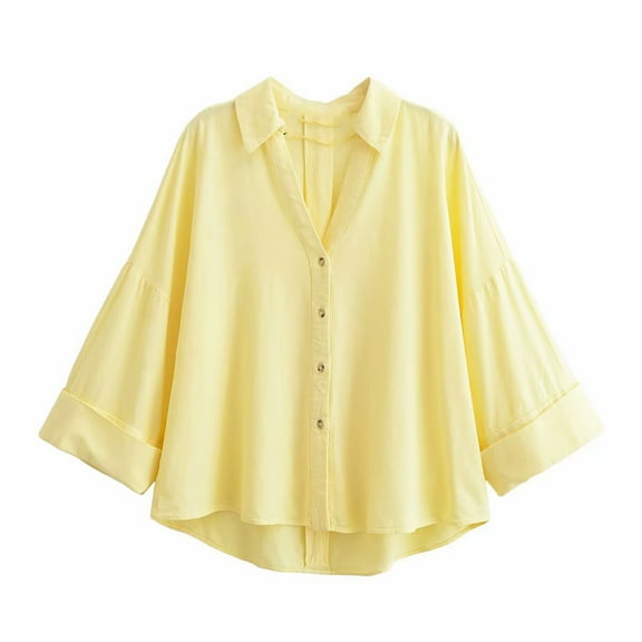 Arnsht Women's Fashion Solid Color Lapel Collar Loose Long Sleeve Shirt Casual Pleated Versatile Blouse Yellow S