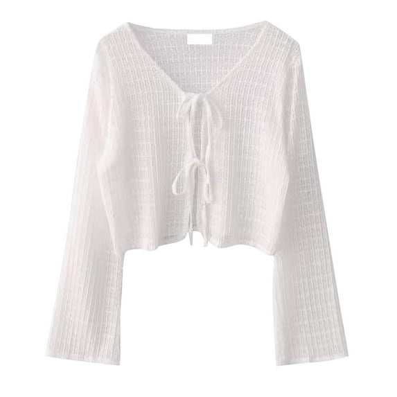 Arnsht Women's Fashion Solid Color Versatile Tie Front Long Sleeve Rib Knit Shrug Sweaters Cardigan Crop Top White Free Size