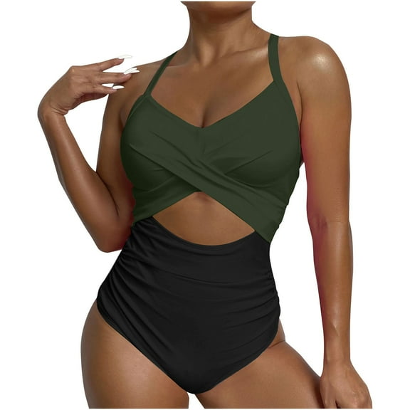 Arnsht Women's Fashion Solid One Piece Swimsuits Tummy Control Cutout High Waisted Bathing Suit Wrap Tie Back Soft Comfortable Swimsuit Green XXL