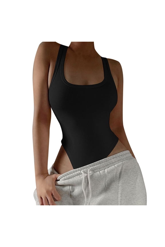 Women's Fashion Solid Scoop Neck Sleeveless Slim Fit Ribbed Bodysuit Racerback Jumpsuits Tank Tops with Snap Closure Black M