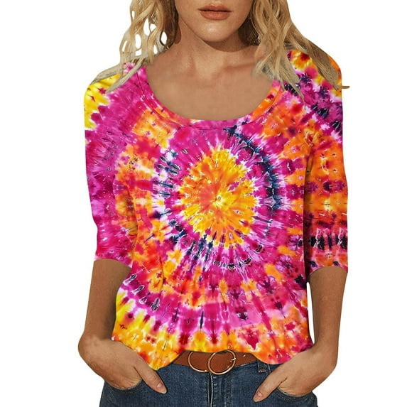 Arnsht Women's Fashion Tie Dye Printed 3/4 Sleeve Loose Polluer Loose Breathable Round-Neck Blouse Shirt Multicolor L