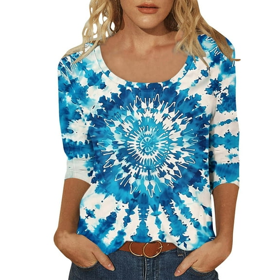 Arnsht Women's Fashion Tie Dye Printed 3/4 Sleeve Loose Polluer Loose Breathable Round-Neck Blouse Shirt Multicolor XXL