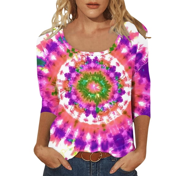 Arnsht Women's Fashion Tie Dye Printed 3/4 Sleeve Loose Polluer Loose Breathable Round-Neck Blouse Shirt Multicolor XXL