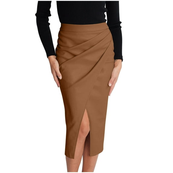 Arnsht Women’s Faux Leather Slim Fit Skirt Summer Solid High Waisted Stretchy Pencil Skirts Front Slit Midi Skirt Brown L