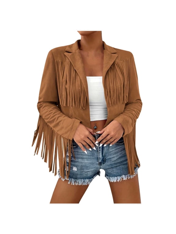 Women's Faux Suede Leather Jackets For Women Trendy Fall Western Fringe Jacket Fashion Tassel Motorcycle Crop Coats Brown S