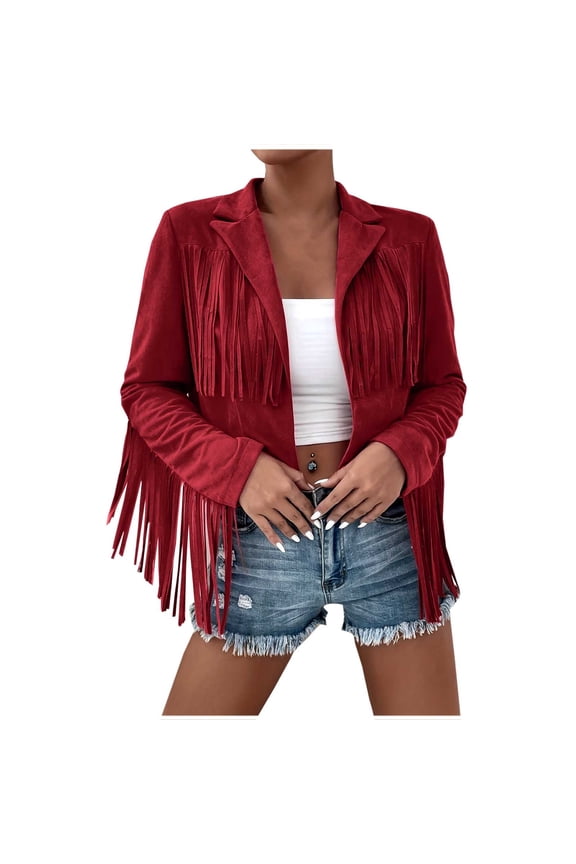 Women's Faux Suede Leather Jackets For Women Trendy Fall Western Fringe Jacket Fashion Tassel Motorcycle Crop Coats Red XL