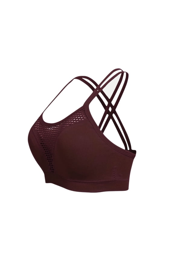 Women's Fishnet Wireless Sports Bra Criss Cross Back Knitted Crop Tops Push Up Comfort Breathable Workout Bralettes Brown XL