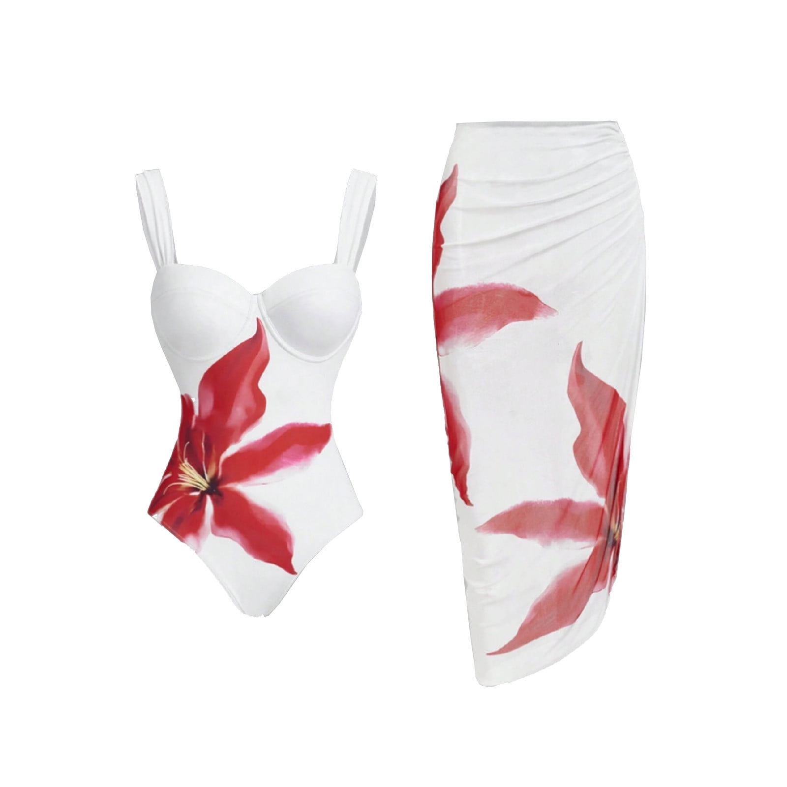 Linda One Shoulder Cut Out One Piece Swimsuit & Floral Cover Up Skirt