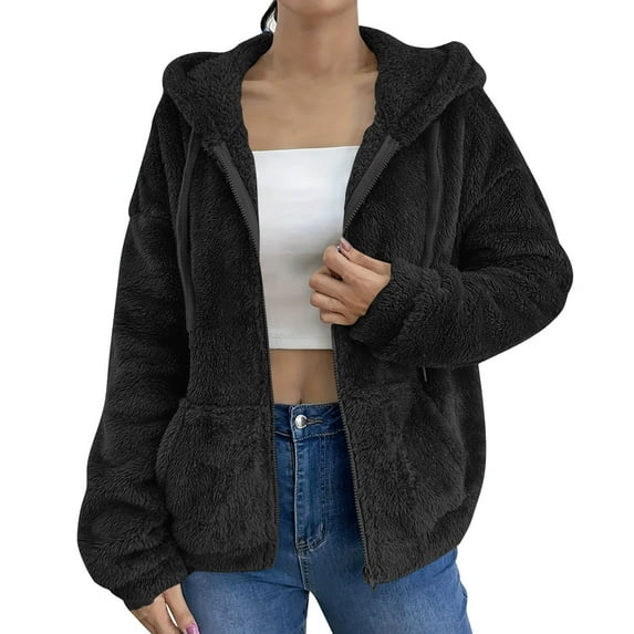 Arnsht Women's Fuzzy Outerwear Jacket Soft Oversized Jackets Solid Color Long Sleeved Hooded Zip up Hoodie Warm Sweatshirt with Pockets Black M