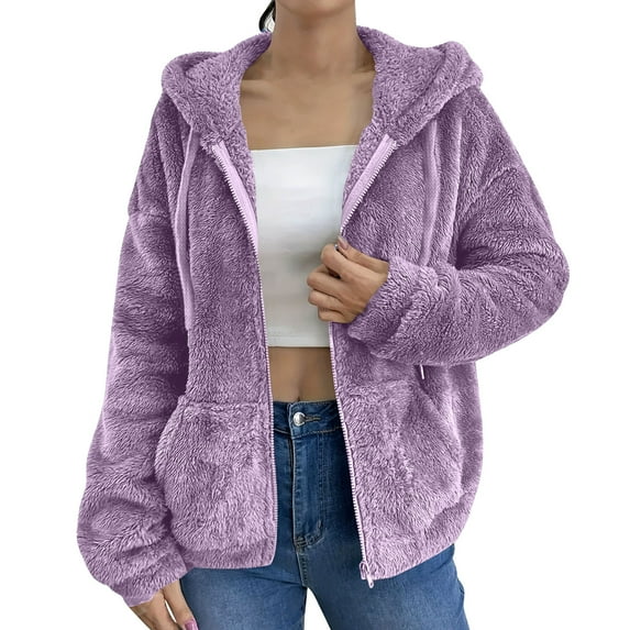 Arnsht Women's Fuzzy Outerwear Jacket Soft Oversized Jackets Solid Color Long Sleeved Hooded Zip up Hoodie Warm Sweatshirt with Pockets Purple XXL