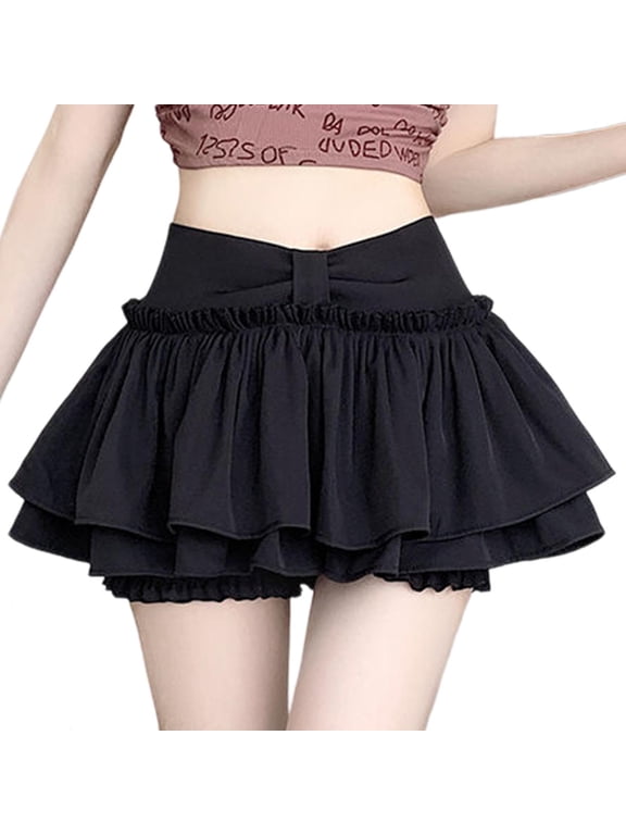 Women's Girls Mini Skirt Flowy High Waisted Ruffle Hem Short Skirts Cute Boho A-Line Layered Cake Skirt Black L