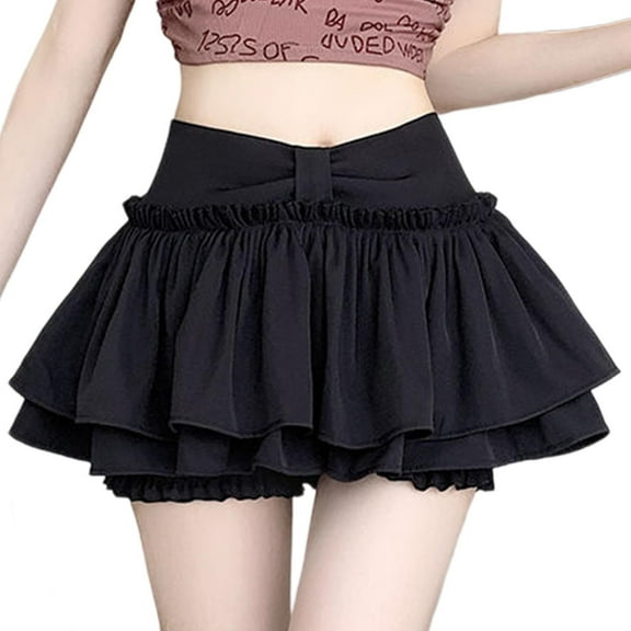 Arnsht Women's Girls Mini Skirt Flowy High Waisted Ruffle Hem Short Skirts Cute Boho A-Line Layered Cake Skirt Black S