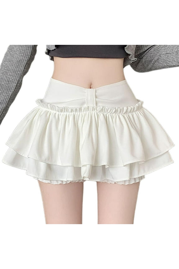 Women's Girls Mini Skirt Flowy High Waisted Ruffle Hem Short Skirts Cute Boho A-Line Layered Cake Skirt White S