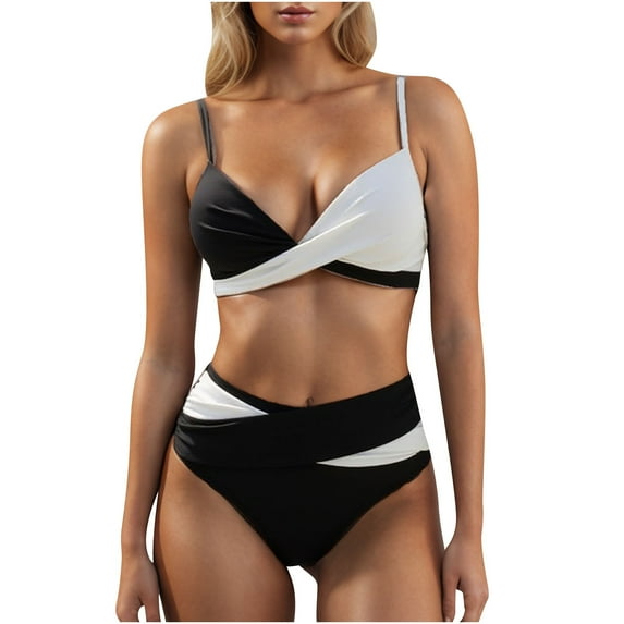 Arnsht Women's High Waisted Bikini Sets Two Piece Swimsuit Tummy Control Bathing Suit Color Block V Neck Swimwear Swim Suit Black L