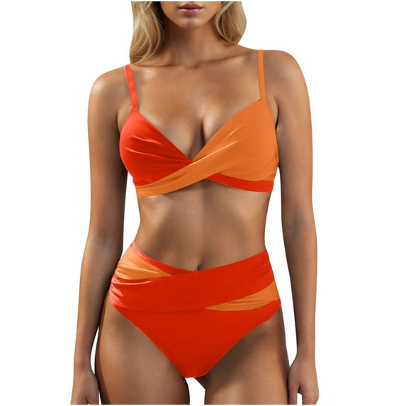 Arnsht Women's High Waisted Bikini Sets Two Piece Swimsuit Tummy Control Bathing Suit Color Block V Neck Swimwear Swim Suit Orange L