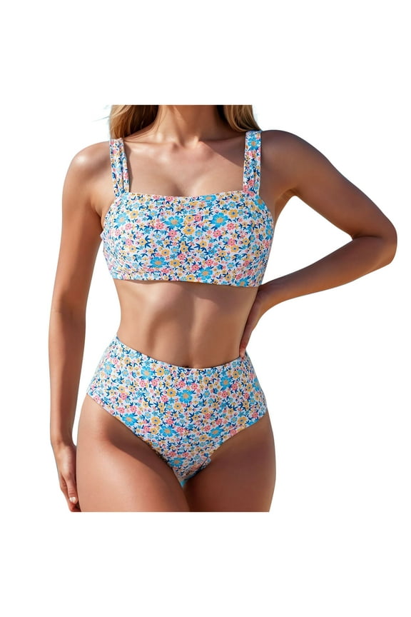 Women's High Waisted Bikini Sets Wide Straps Two Piece Swimsuit Floral Print Bathing Suits Soft Comfortable Breathable Beachwear Blue L