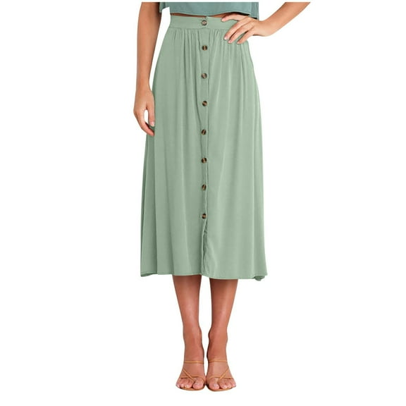 Arnsht Women's High Waisted Button Front SkirtSummer Casual A-Line Pleated Cotton Midi Long Skirt with Pockets Green M