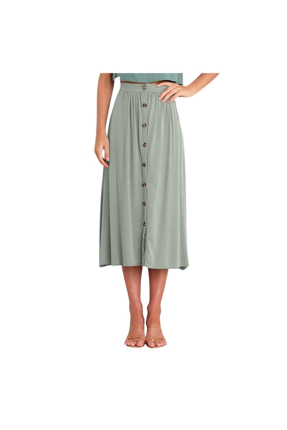 Women's High Waisted Button Front SkirtSummer Casual A-Line Pleated Cotton Midi Long Skirt with Pockets Green S