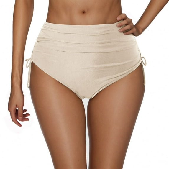 Arnsht Women's High Waisted Full Coverage Cheeky Bikini Bottoms Tummy Control Adjustable Drawstring Solid Color Swim Bottoms Beige L