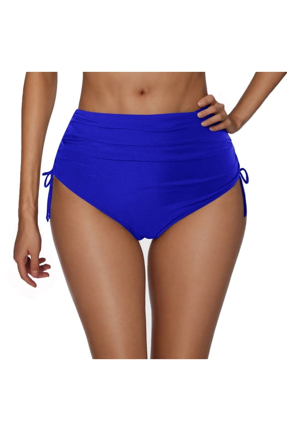 Women's High Waisted Full Coverage Cheeky Bikini Bottoms Tummy Control Adjustable Drawstring Solid Color Swim Bottoms Blue XXL