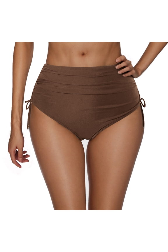 Women's High Waisted Full Coverage Cheeky Bikini Bottoms Tummy Control Adjustable Drawstring Solid Color Swim Bottoms Brown XXL